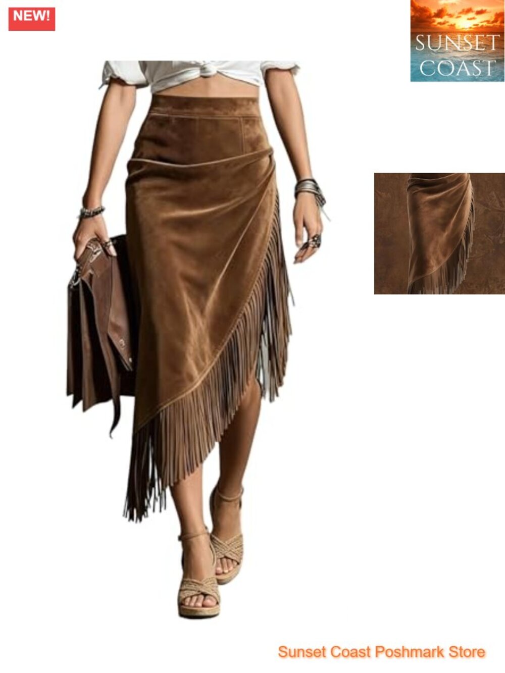 Faux Suede Asymmetrical Fringe Midi Skirt Western Cowgirl